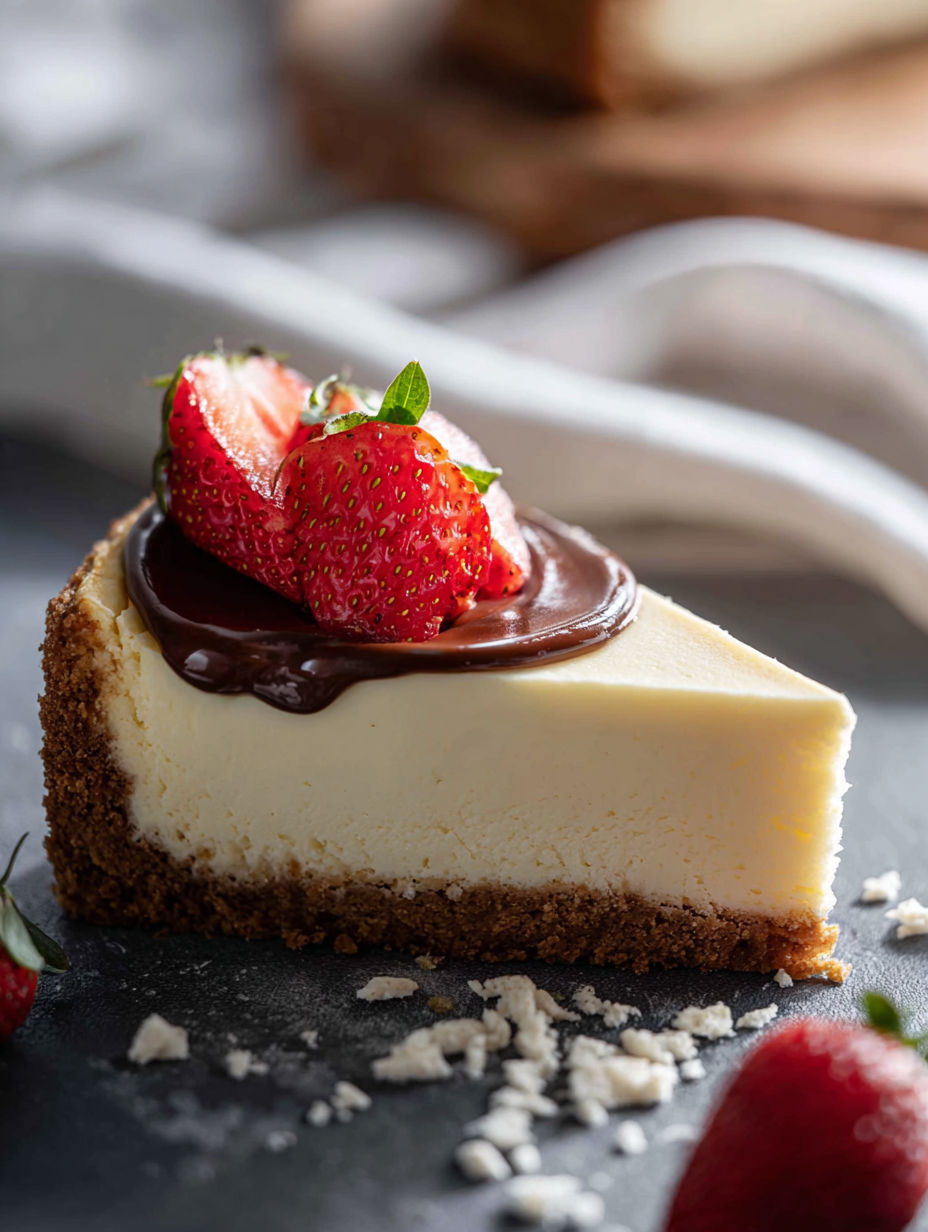 Strawberry and chocolate topped slice of cheesecake