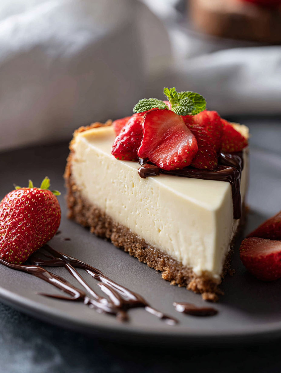 Strawberry topped cheesecake slice