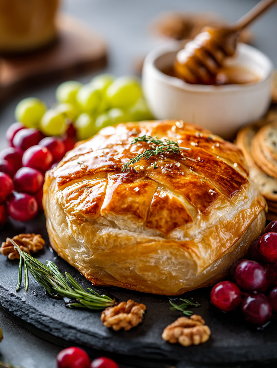 Baked brie wrapped in puff pastry looking golden and crisp.