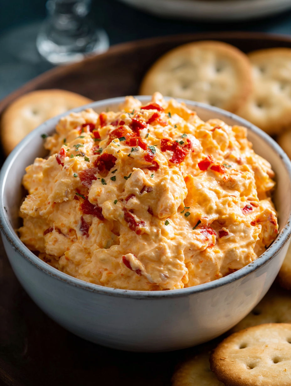 A bowl of pimento cheese with crackers.