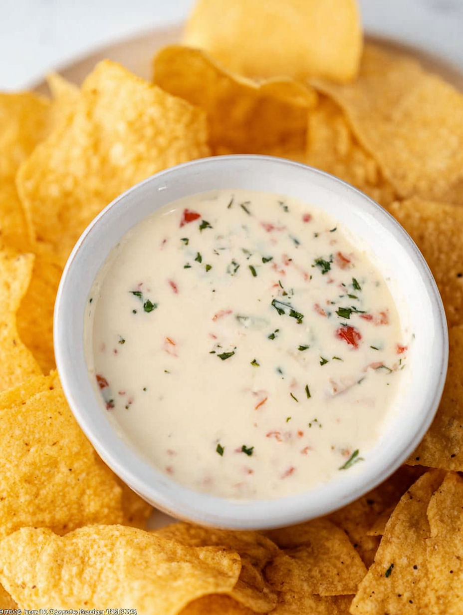 A bowl of dip with chips.