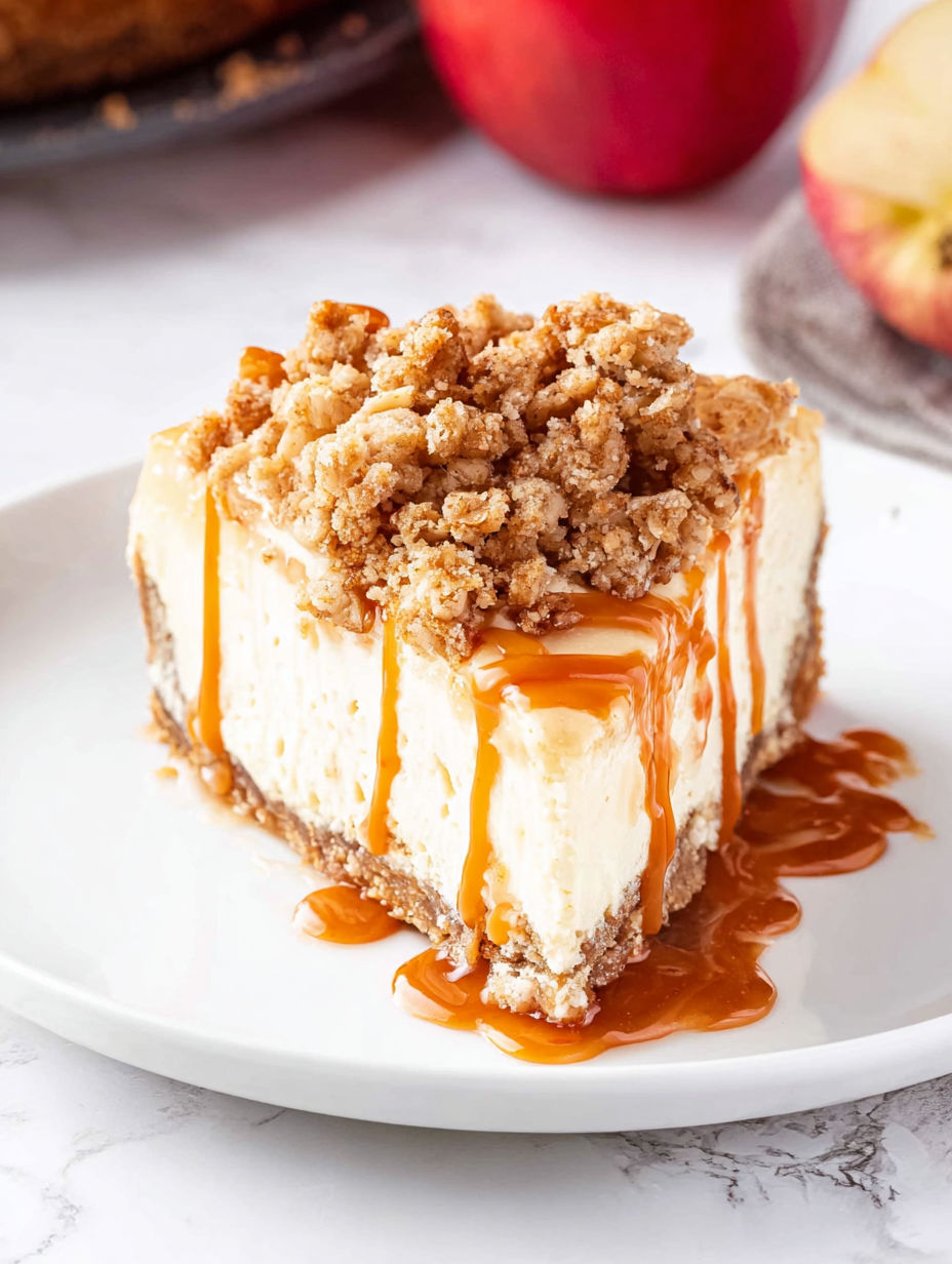 Slice of apple crisp cheesecake topped with caramel drizzle
