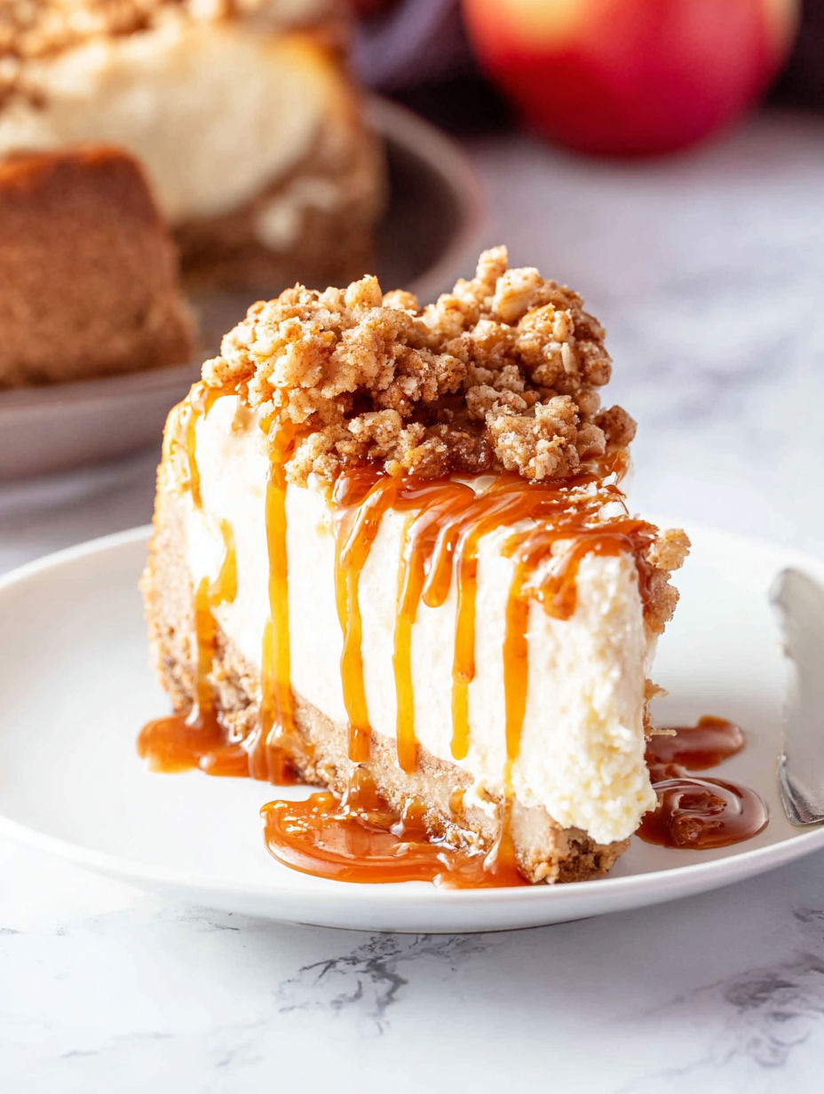 A slice of apple crisp cheesecake with caramel drizzle.
