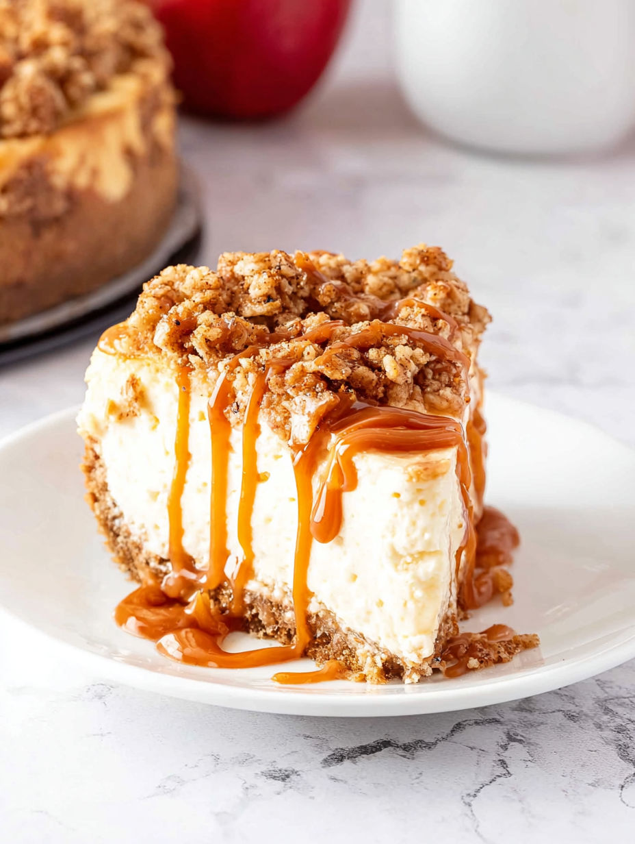 A slice of cheesecake with caramel drizzled on top.