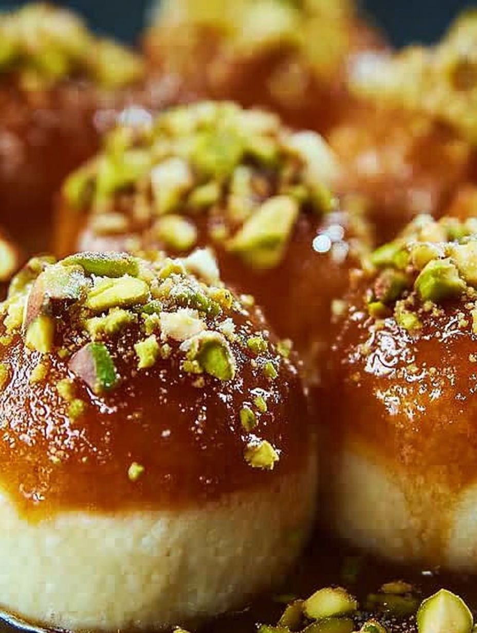 Close-up view of a sweet treat with honey, pistachio, and almonds.