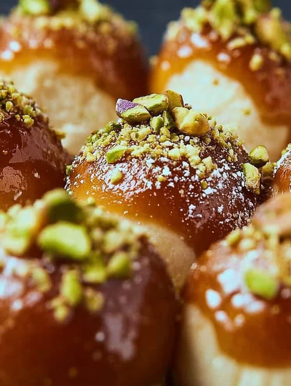 Close up photo of a pastry topped with pistachio and honey.