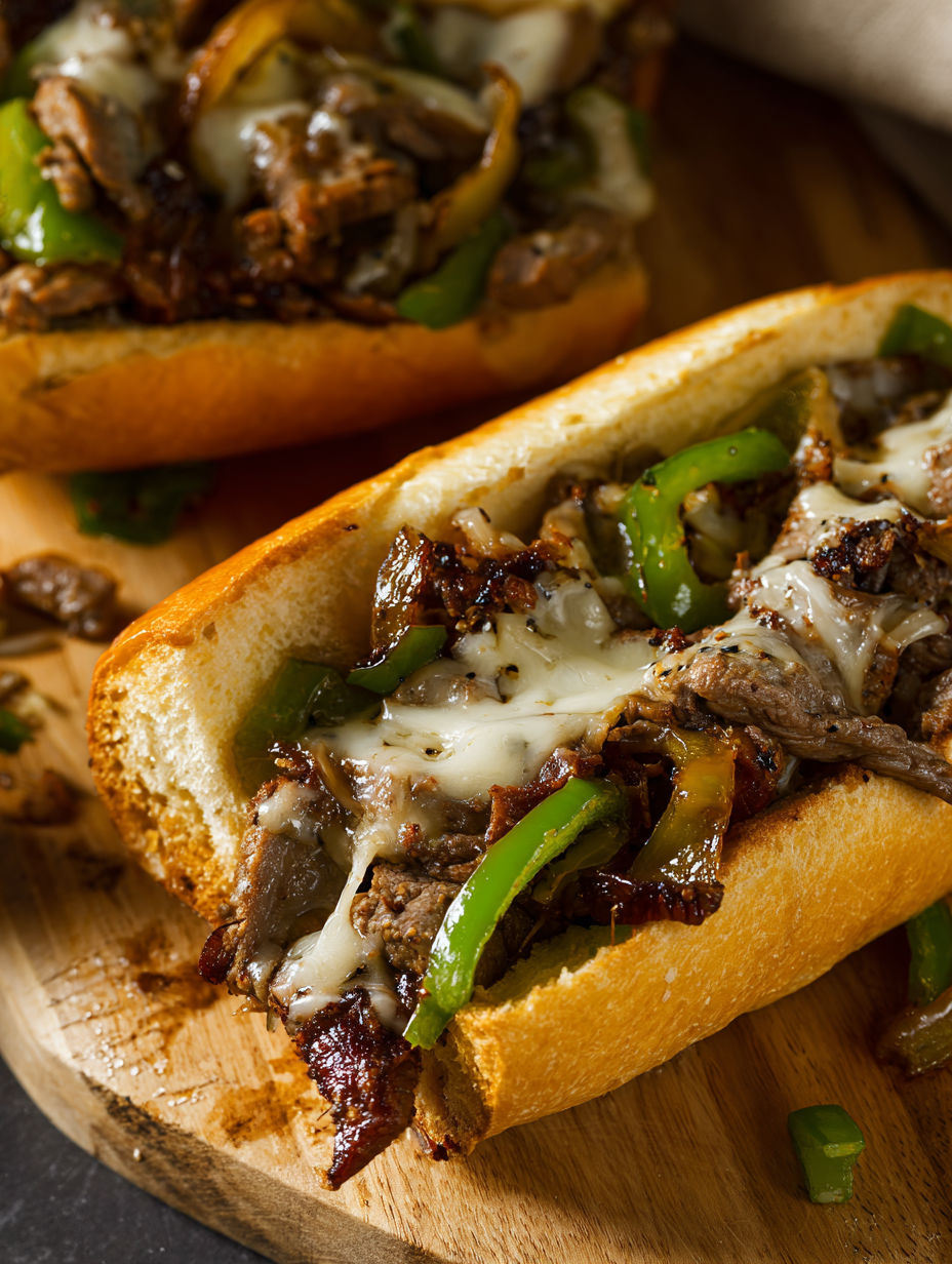 Close up shot of a Philly cheesesteak sandwich.