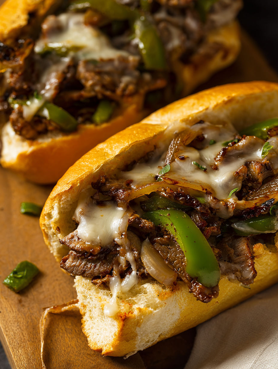 Close up of a Philly cheesesteak with onions and peppers.