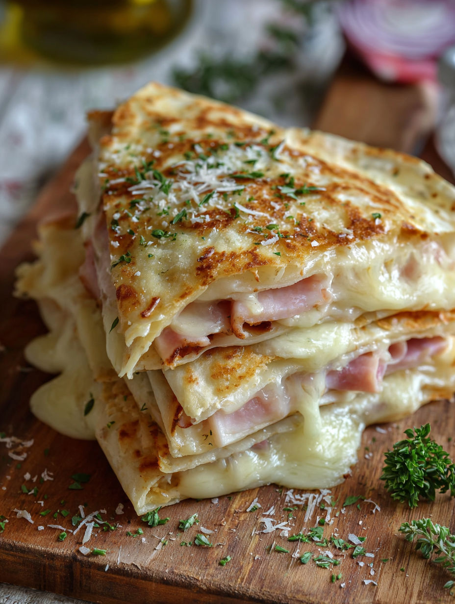 Stacked cordon bleu quesadillas with crispy edges