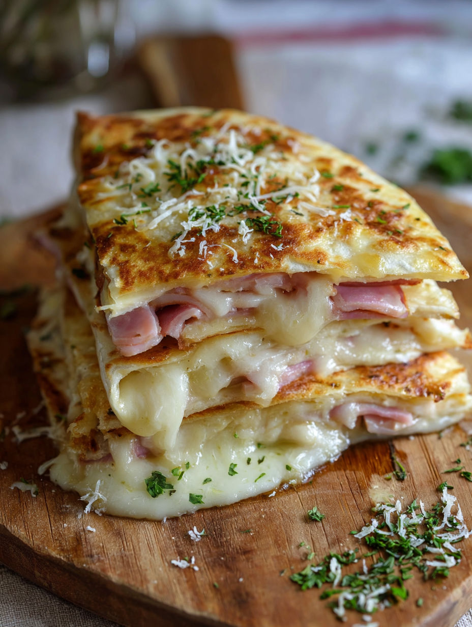 A stack of chicken cordon bleu quesadillas.