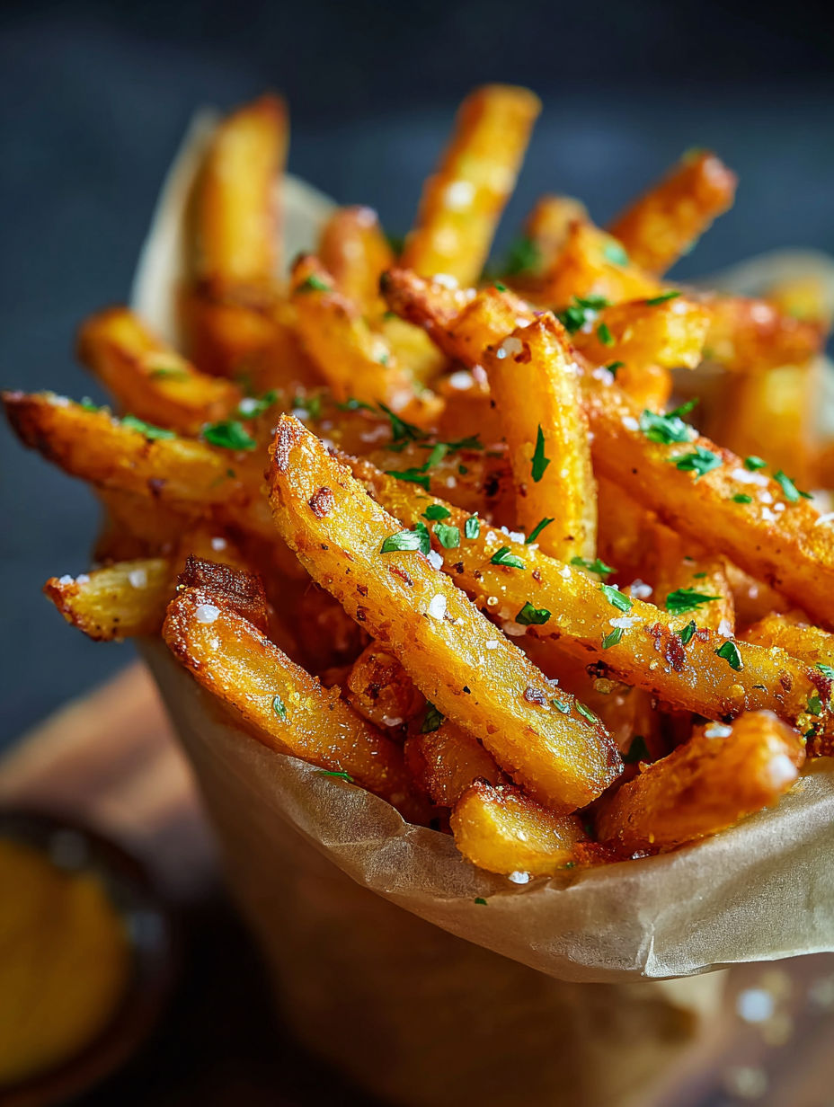 A bowl of fries with a sprinkle of seasoning.