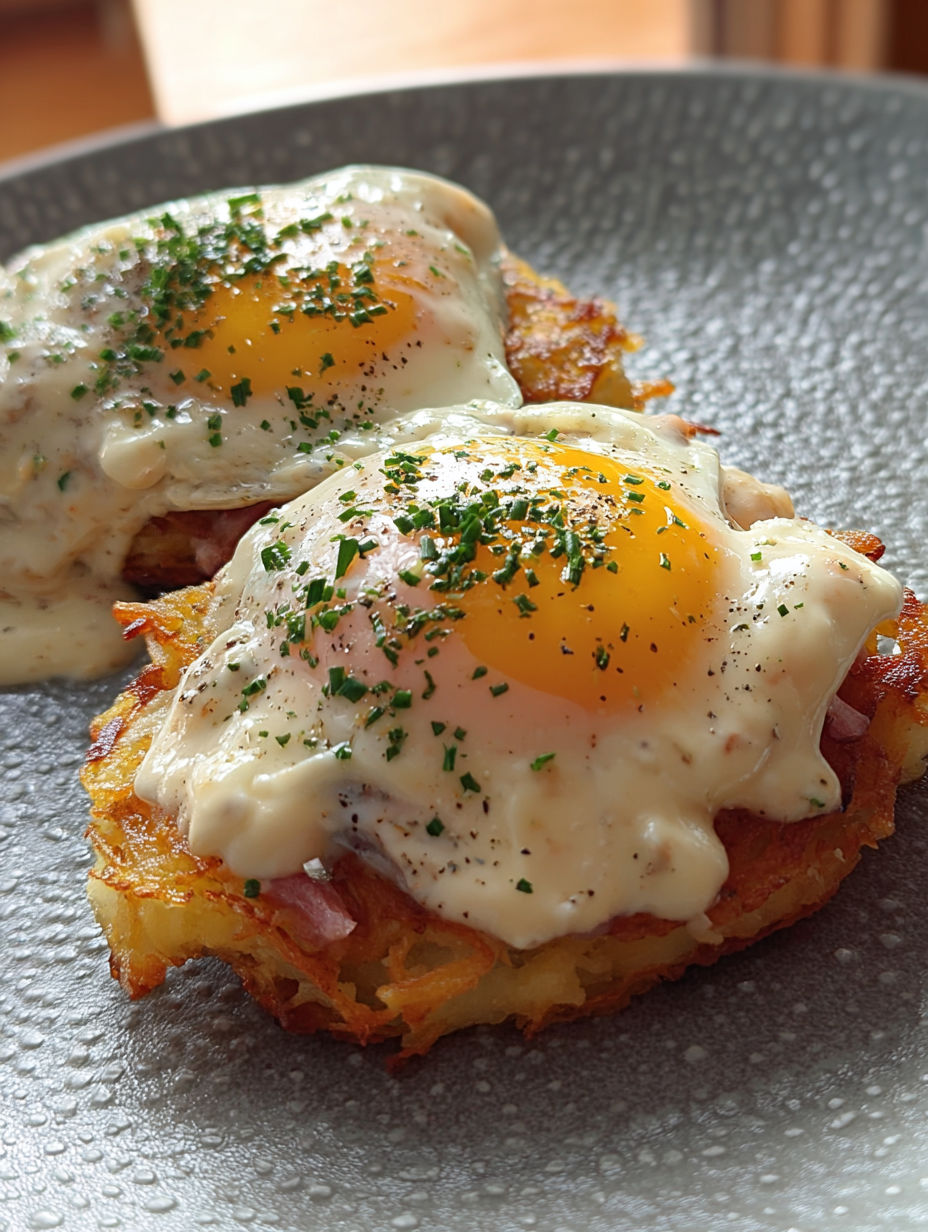Two crispy hash browns topped with eggs and smoky bacon gravy.