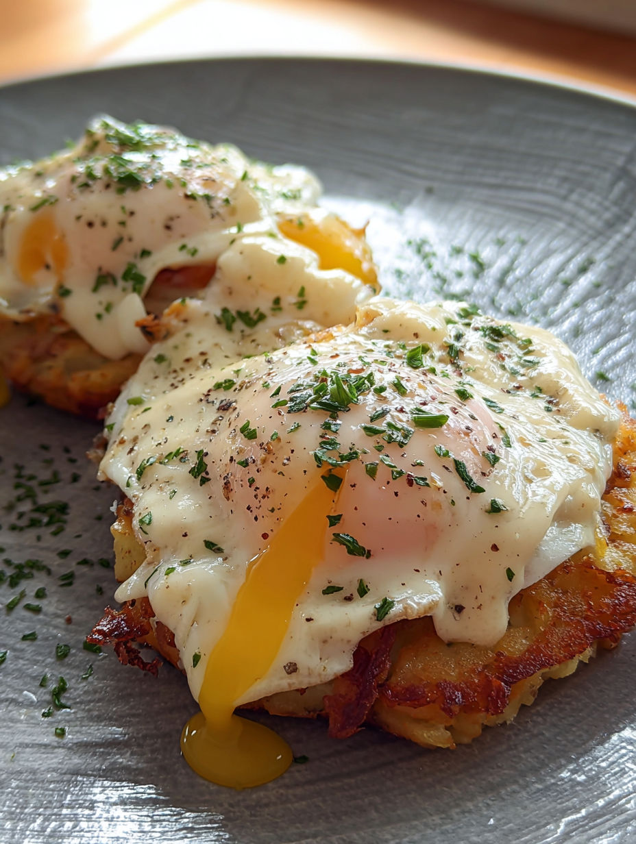 Two plates of hash browns with eggs smothered in bacon gravy.