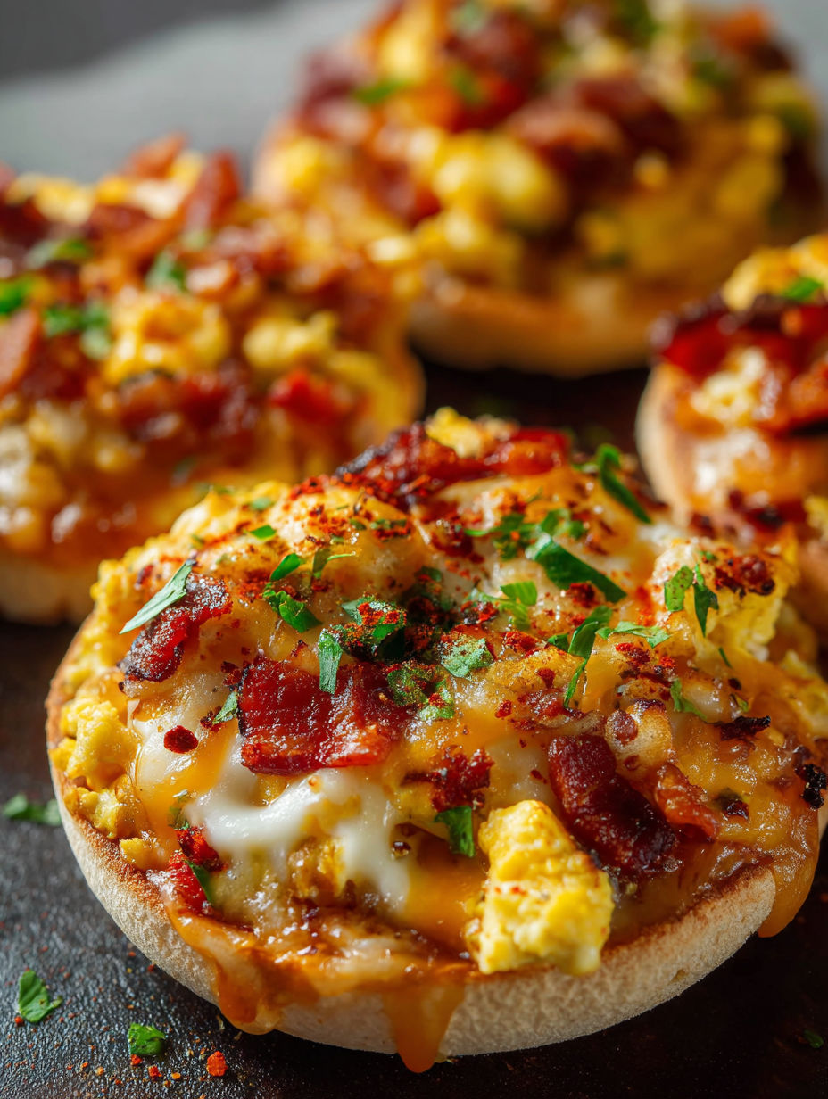 Cheesy bacon English muffin pizzas ready to eat.