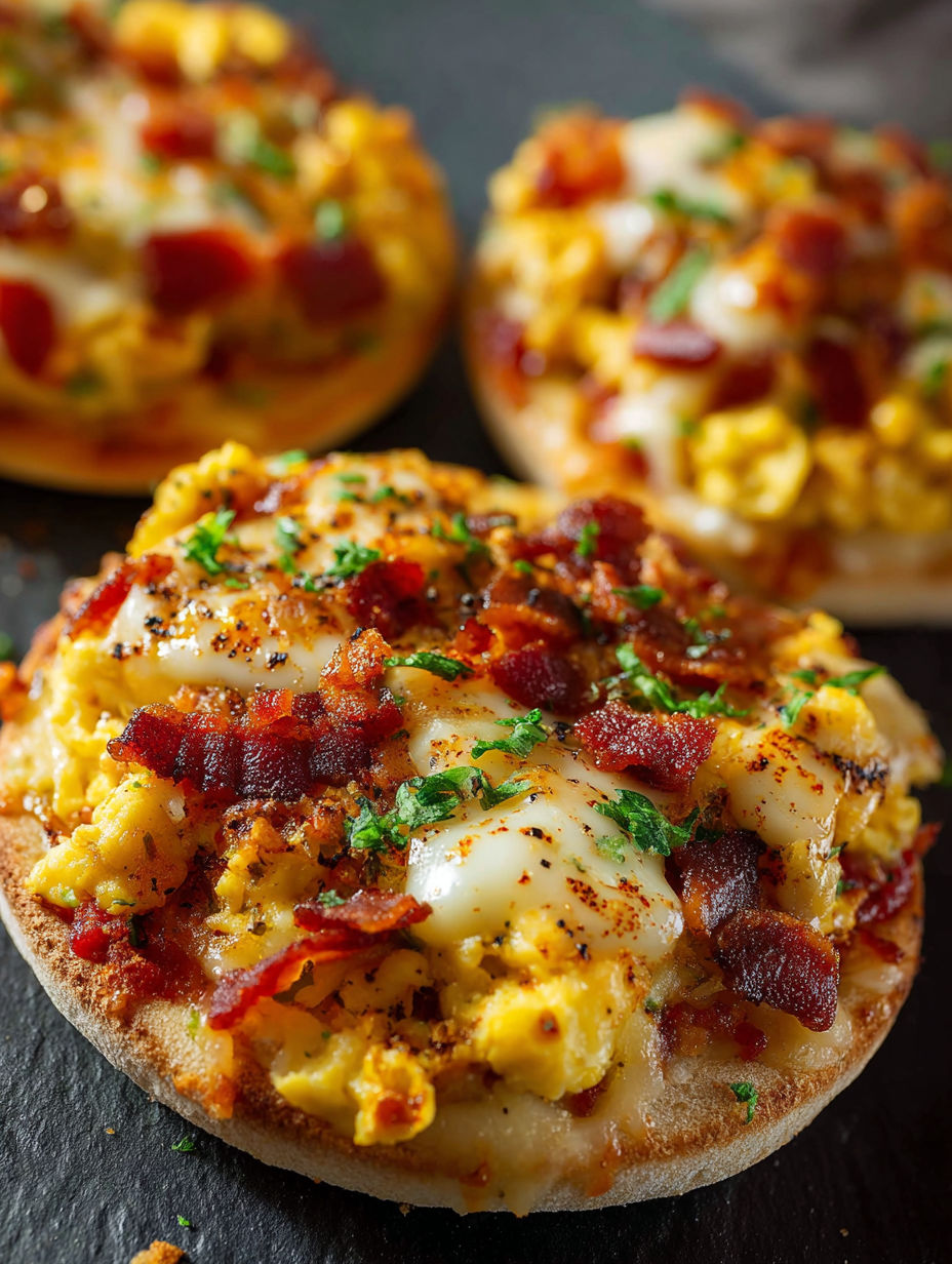 Two English muffin breakfast pizzas with bacon and cheese.