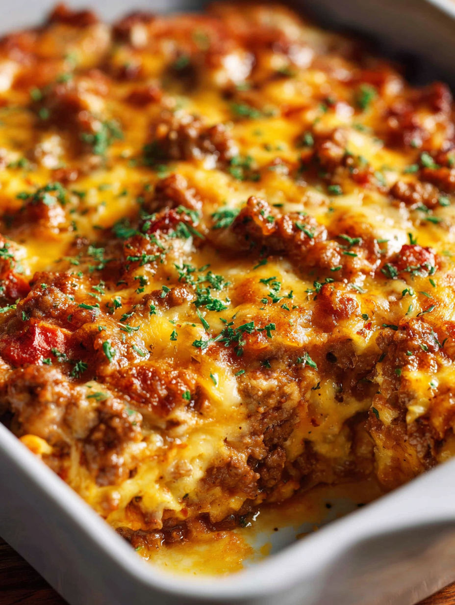 Close-up shot of a tasty low-carb cheeseburger casserole.