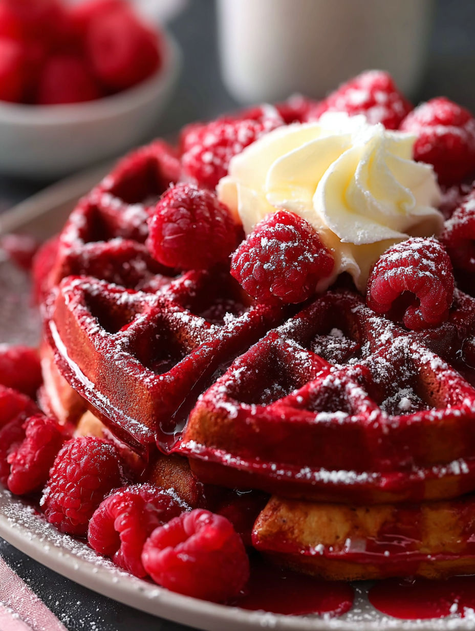 A plate of red velvet waffles with whipped cream.