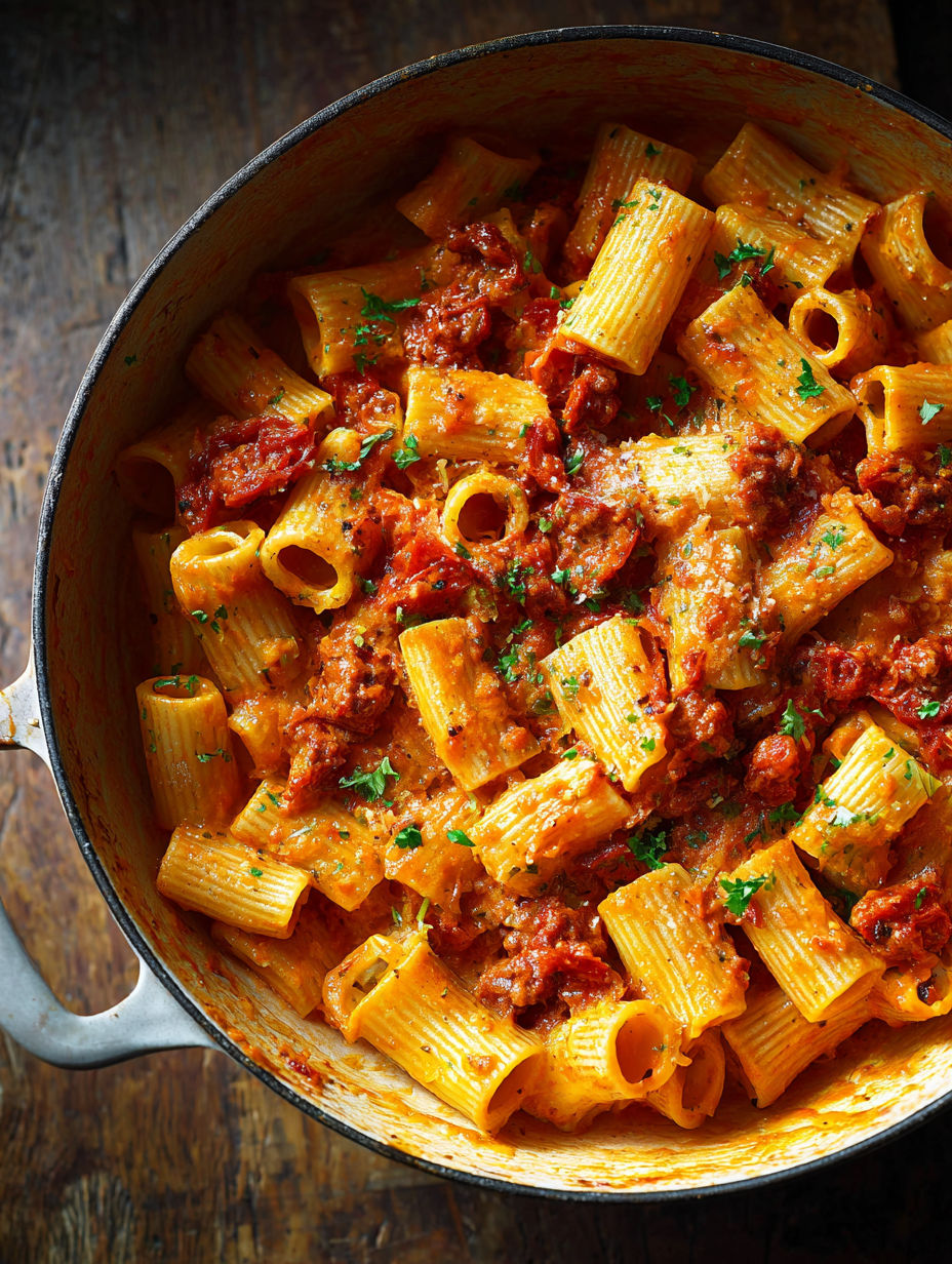 A pot of creamy chorizo pasta.