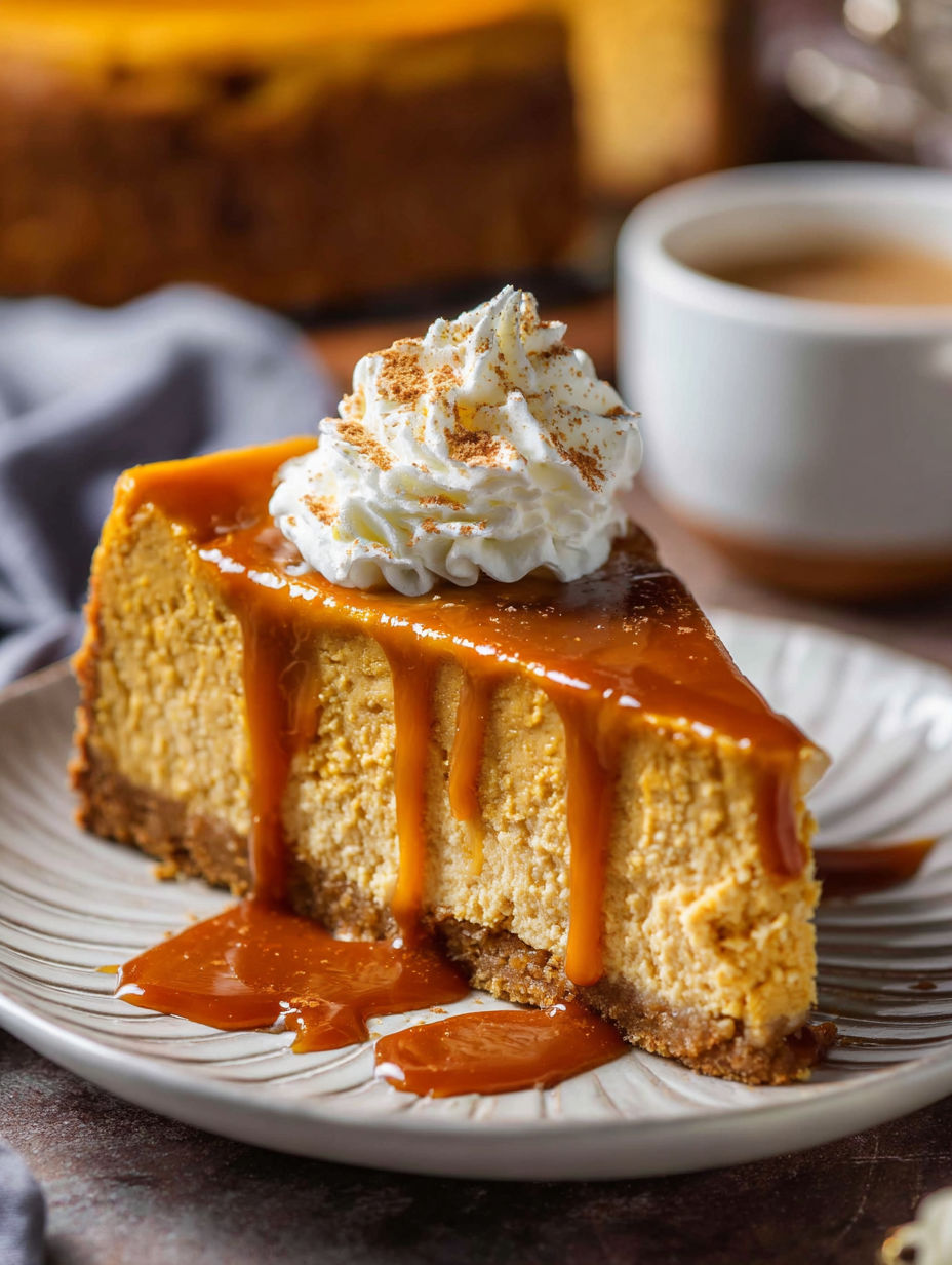 Slice of pumpkin cheesecake crowned with whipped cream.