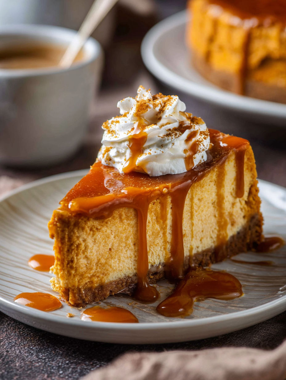 Slice of pumpkin cheesecake with caramel drizzle.