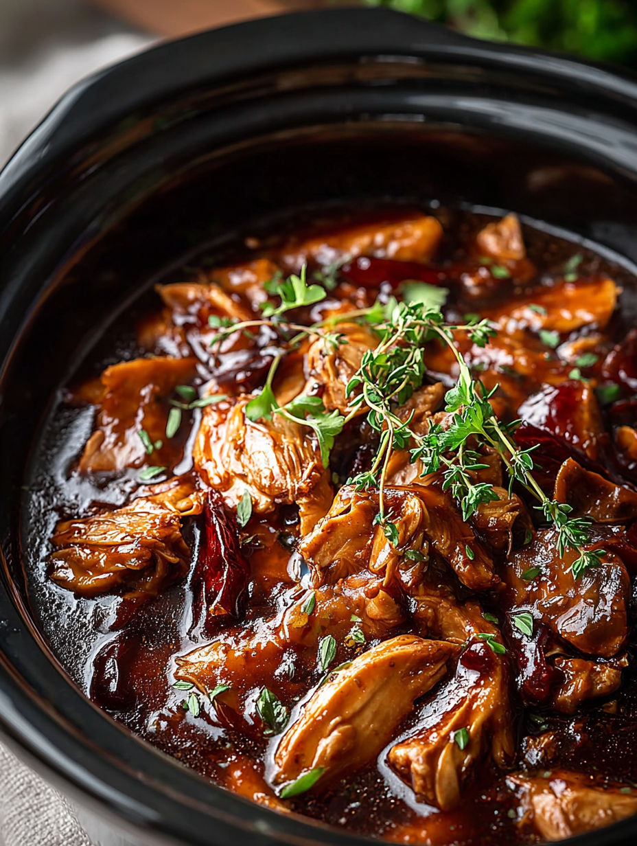 Close-up of crock pot filled with tasty cooked chicken