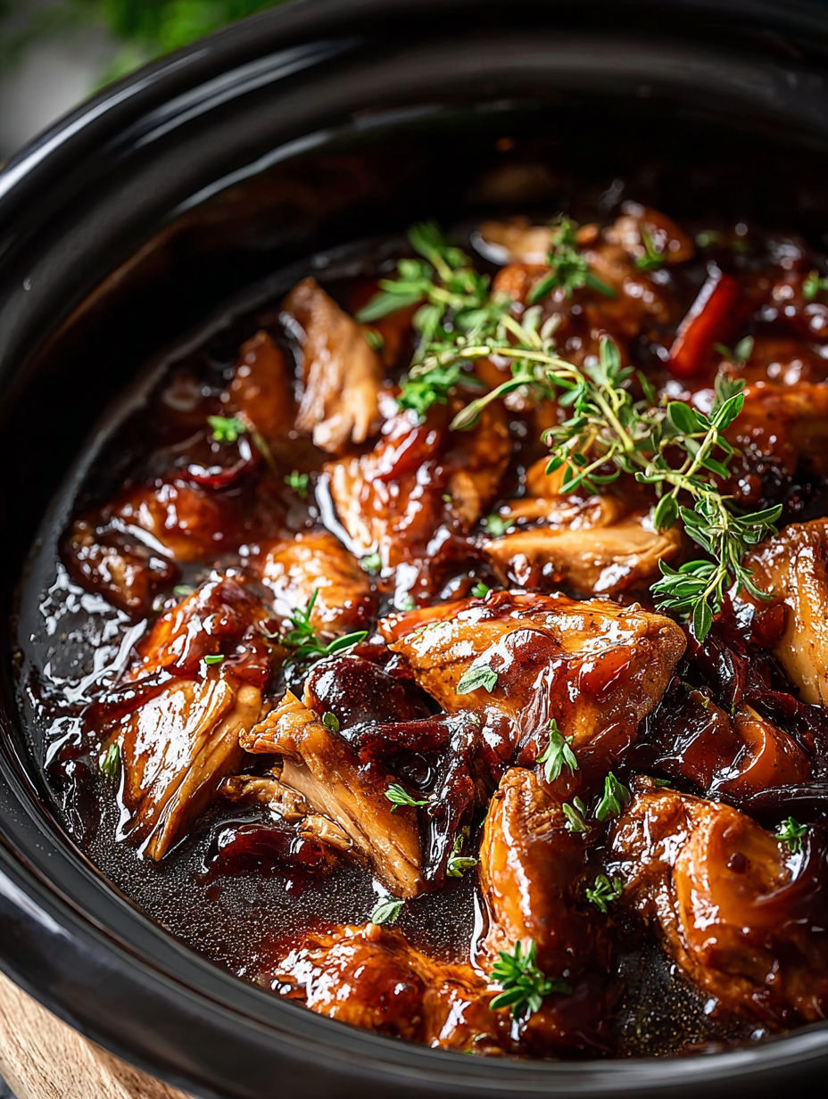 Close up of crock pot full of bourbon chicken.