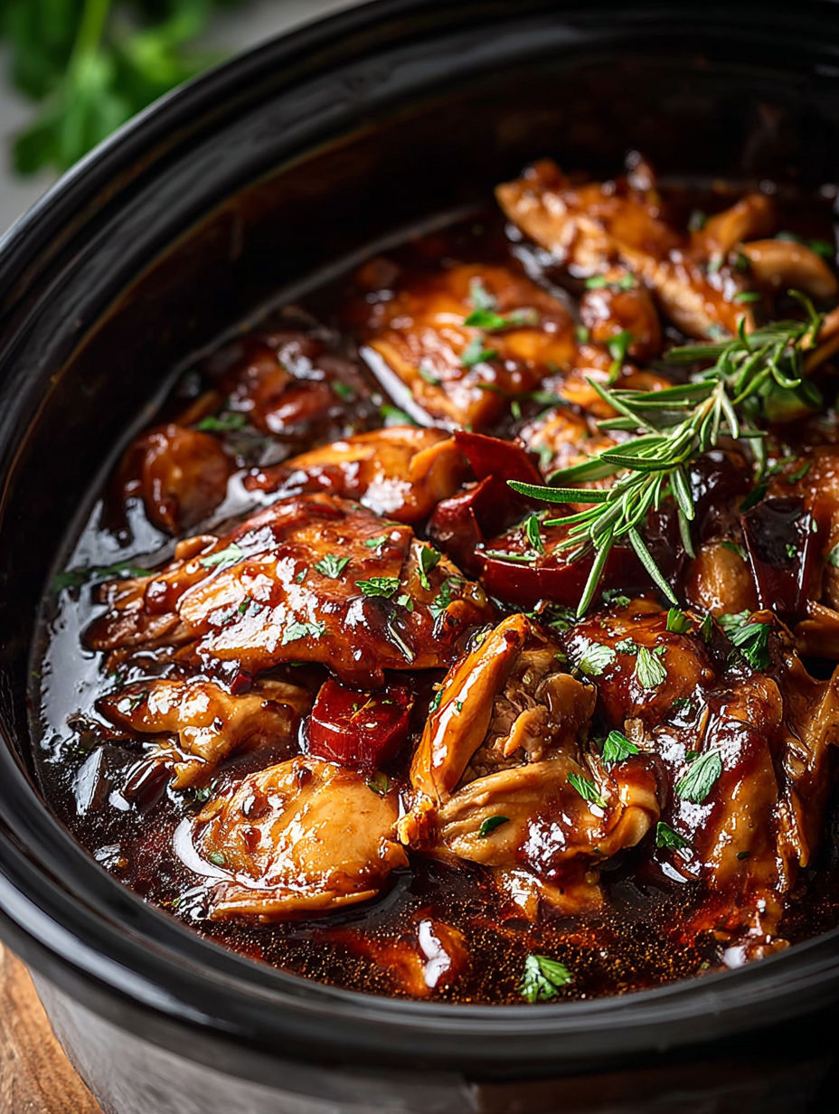 Close-up of crock pot with chicken inside.