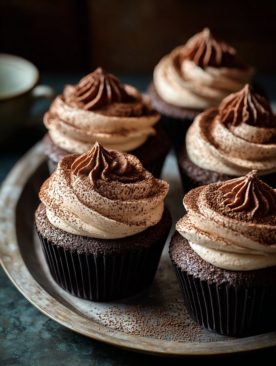 Whipped cream topped chocolate tiramisu cupcakes