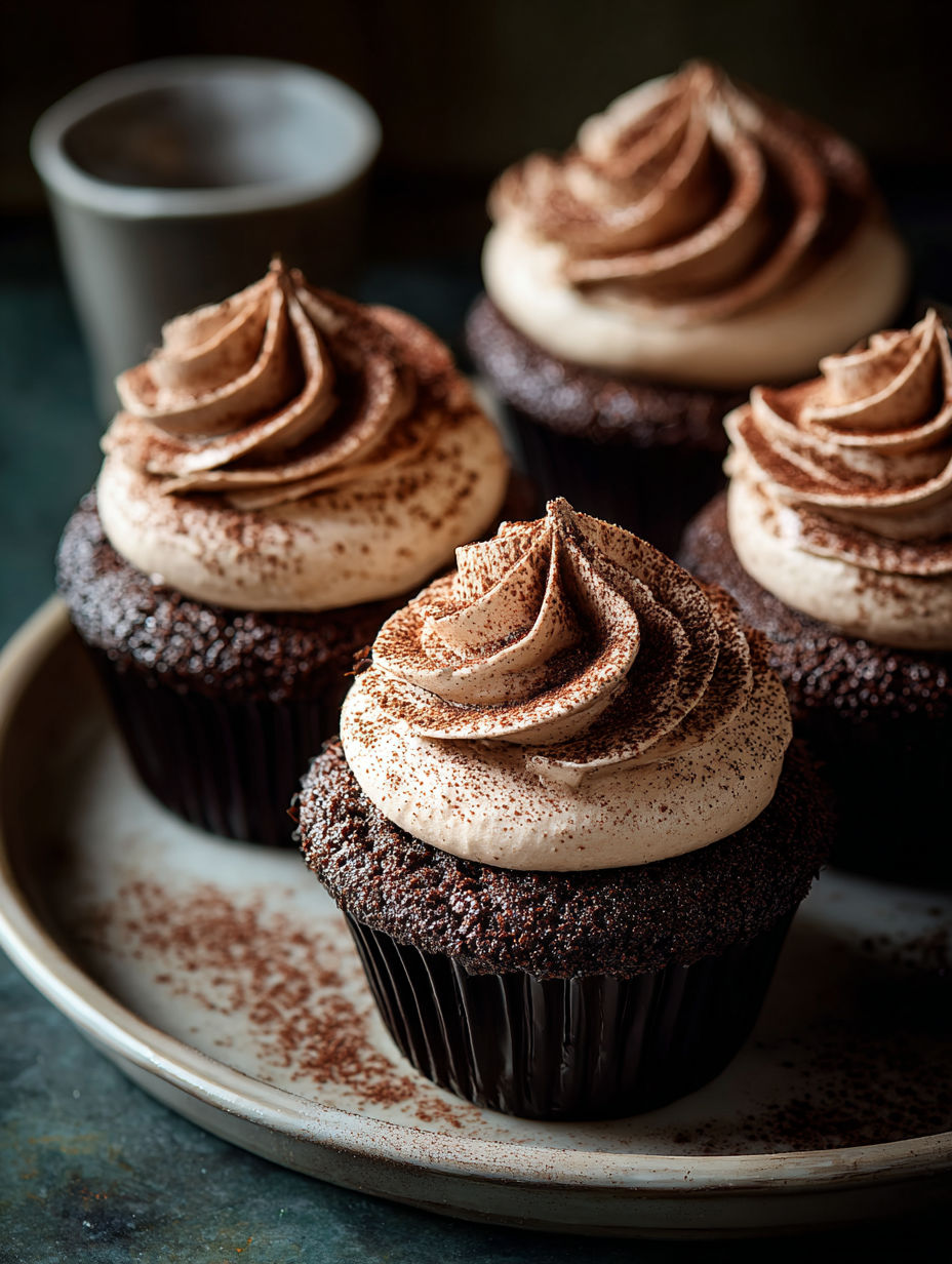 Chocolate Tiramisu Cupcakes with chocolate frosting and chocolate sprinkles.