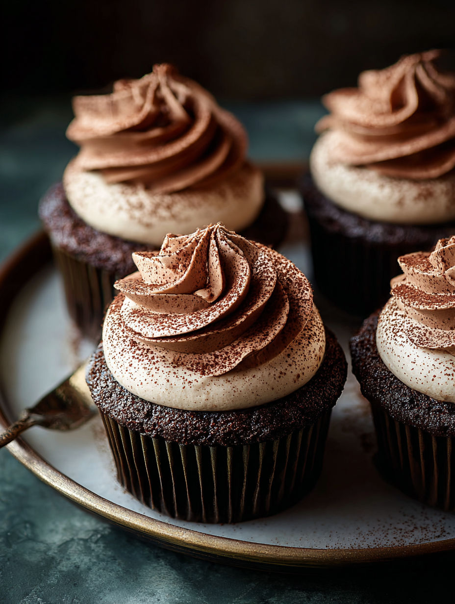 Three chocolate tiramisu cupcakes with whipped cream toppings.