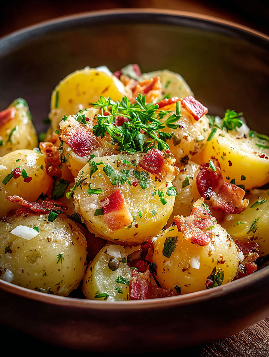 A warm bowl filled with German potato salad