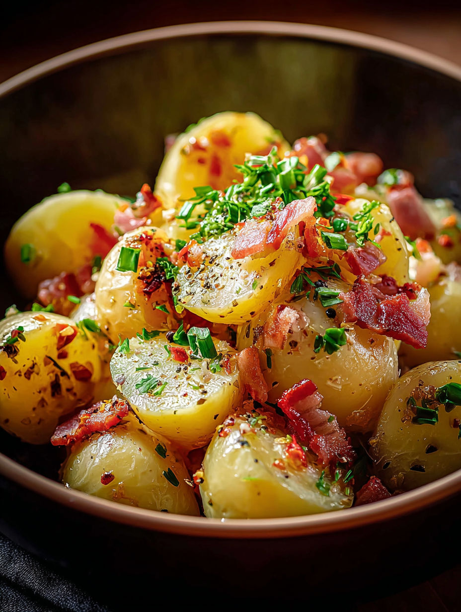A bowl of warm German potato salad.