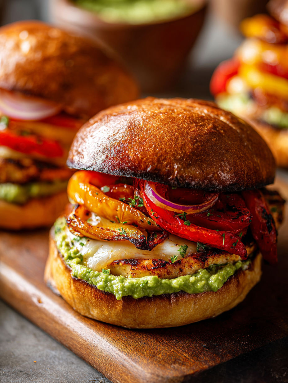 Two chicken fajita burgers on a wooden table.