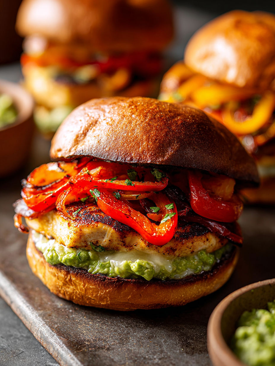 Close-up of a chicken fajita burger loaded with peppers and onions.