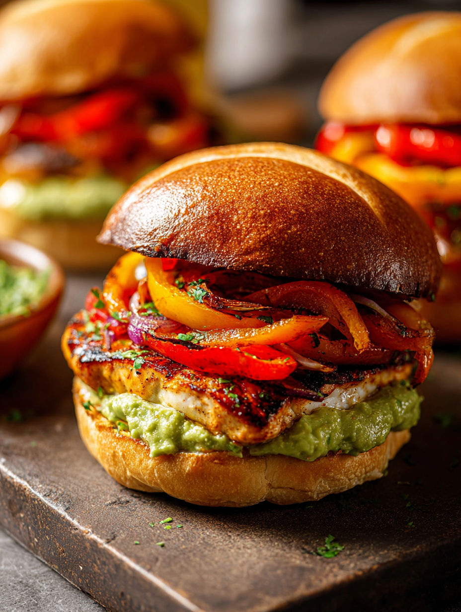 A chicken fajita burger with peppers and onions ready to eat.