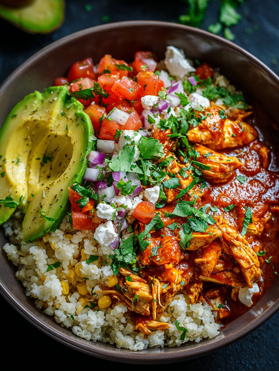 Bowl filled with chicken enchilada and cauliflower rice