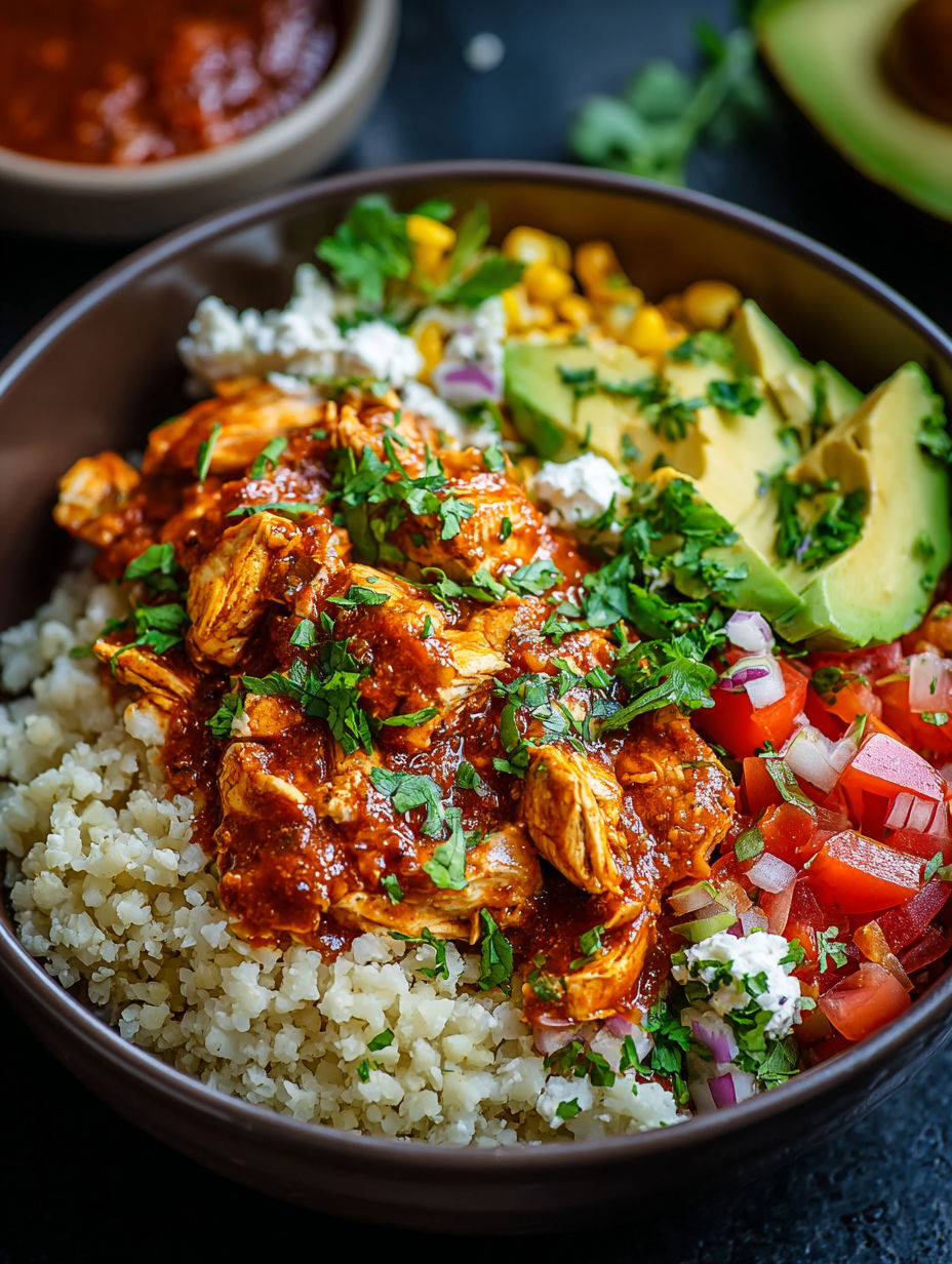 A bowl of chicken enchilada with cauliflower rice.