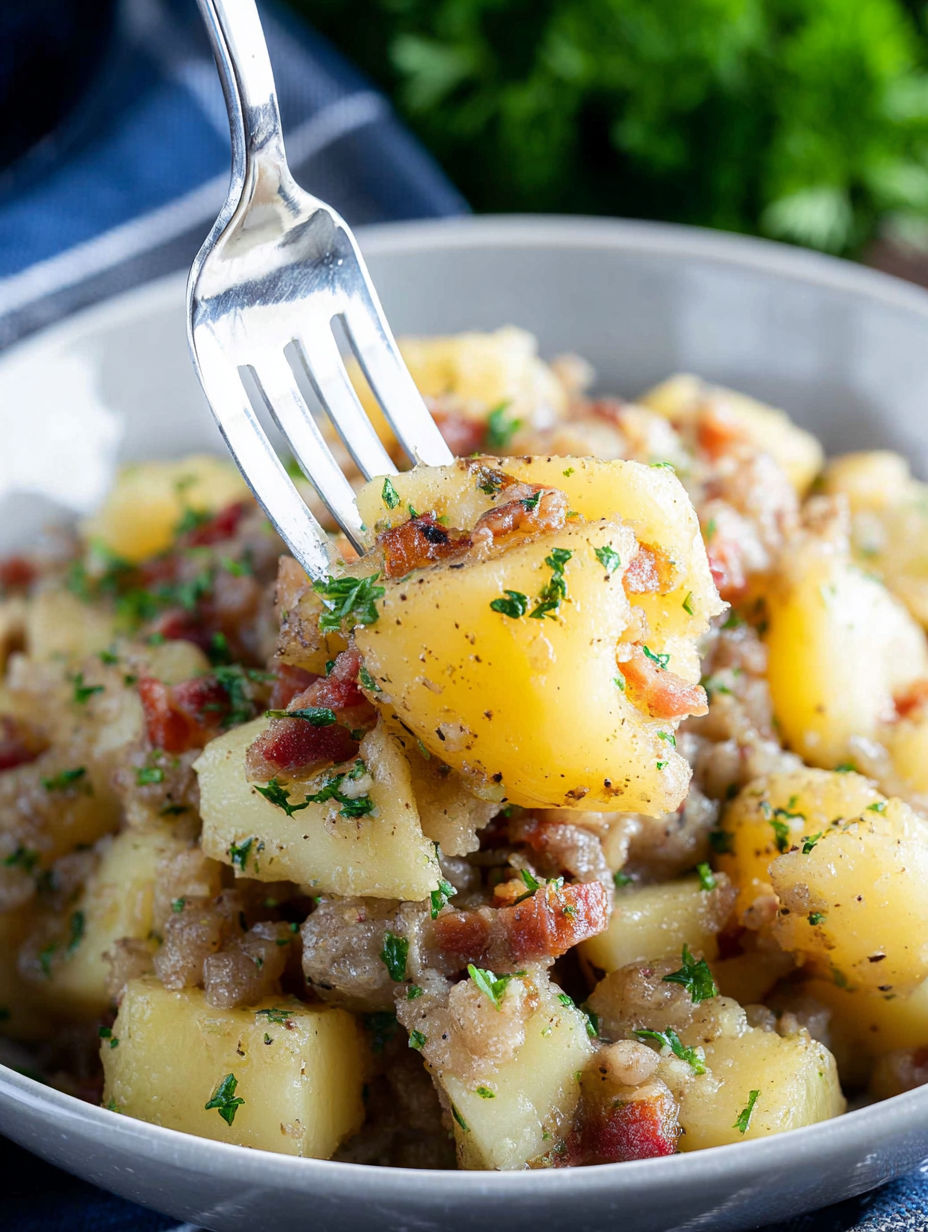 A fork is sticking into a bowl of traditional German potato salad.