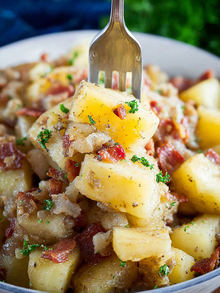 A fork stuck into potato salad.