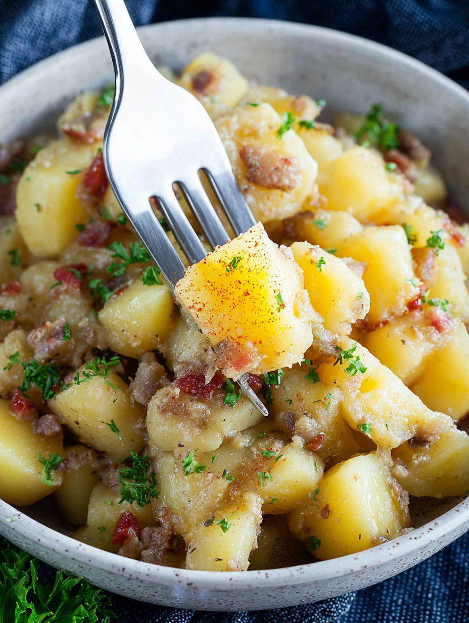 A fork stuck into a bowl of potato salad.