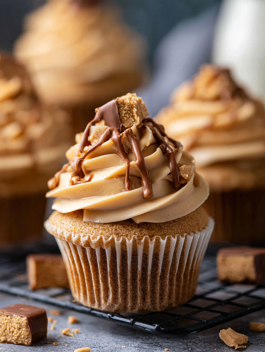 Cupcake topped with peanut butter frosting and peanut butter candy.