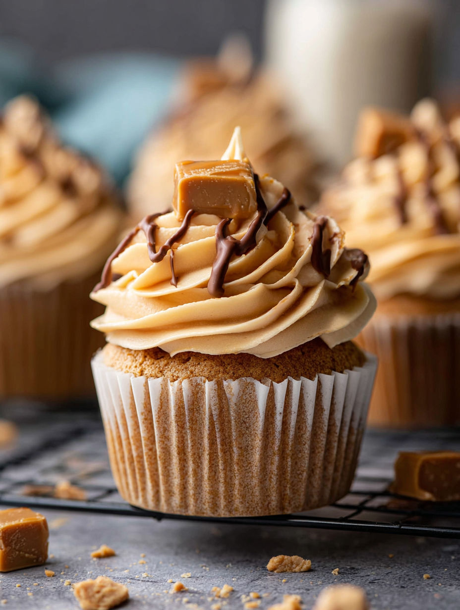 A cupcake with peanut butter frosting.