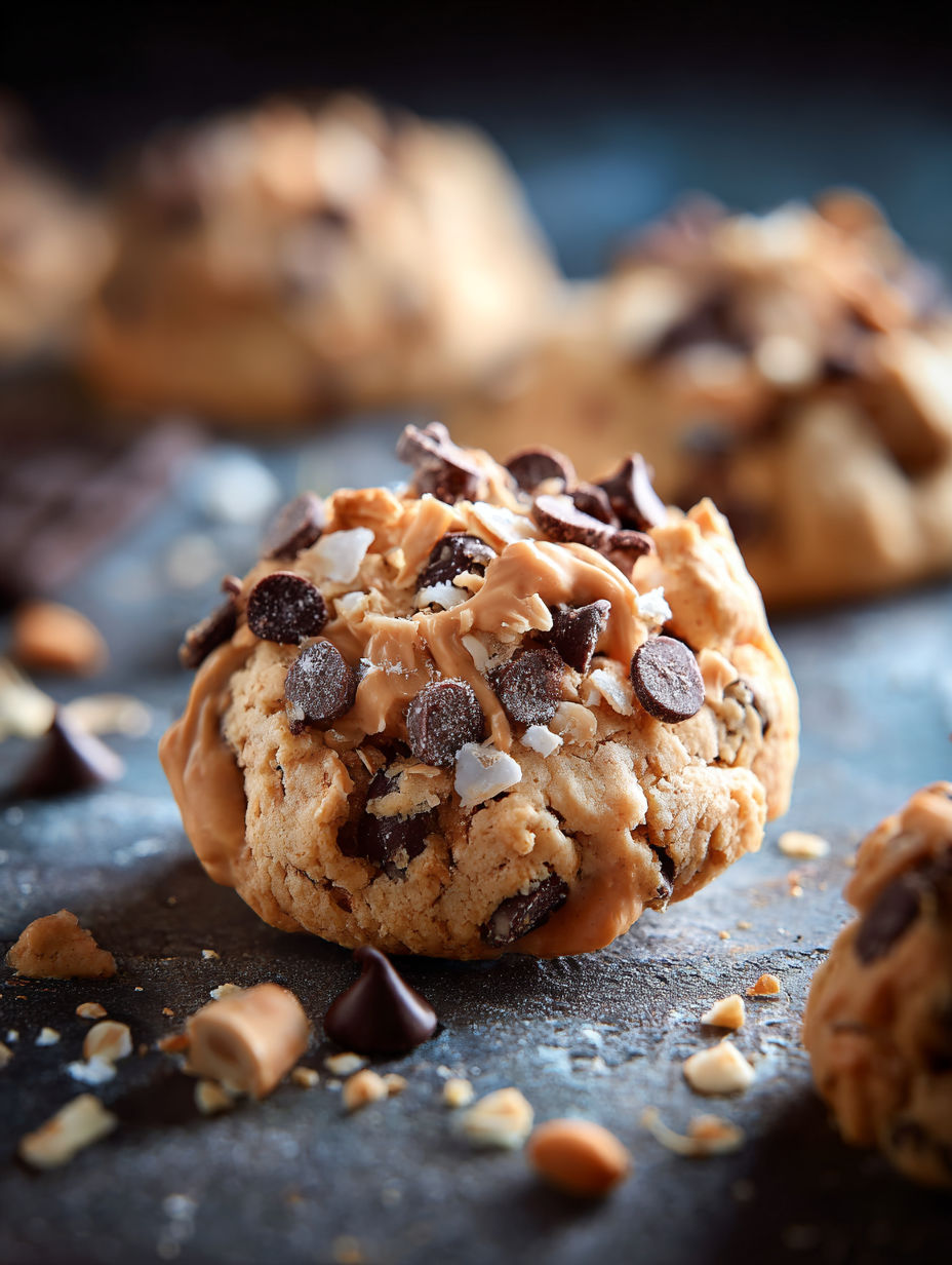 Close-up view of a chocolate chip cookie.
