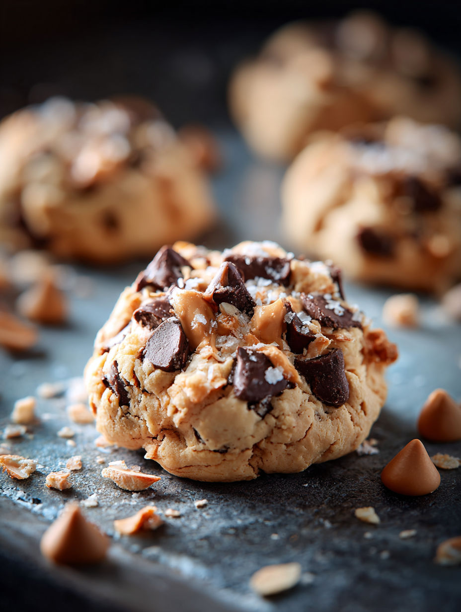 Chocolate chip cookie dotted with white chocolate chips.