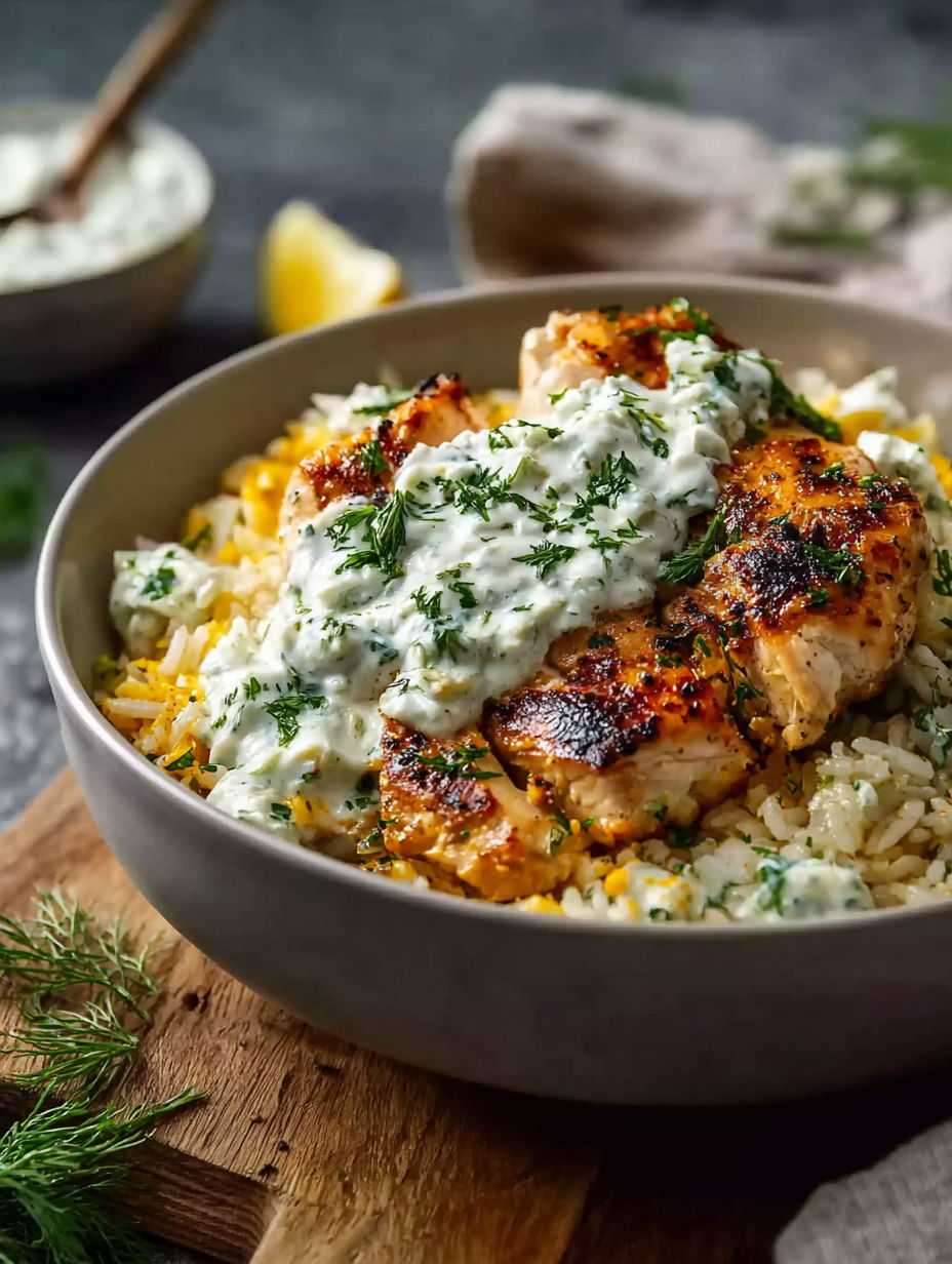 A bowl of chicken with rice and sauce.
