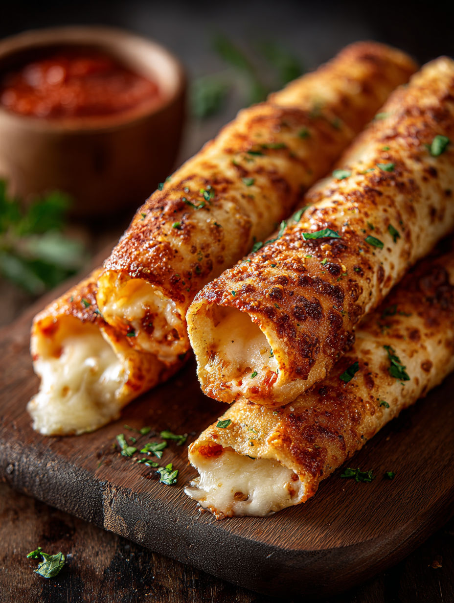 A pizza roll is sitting on a wooden table.