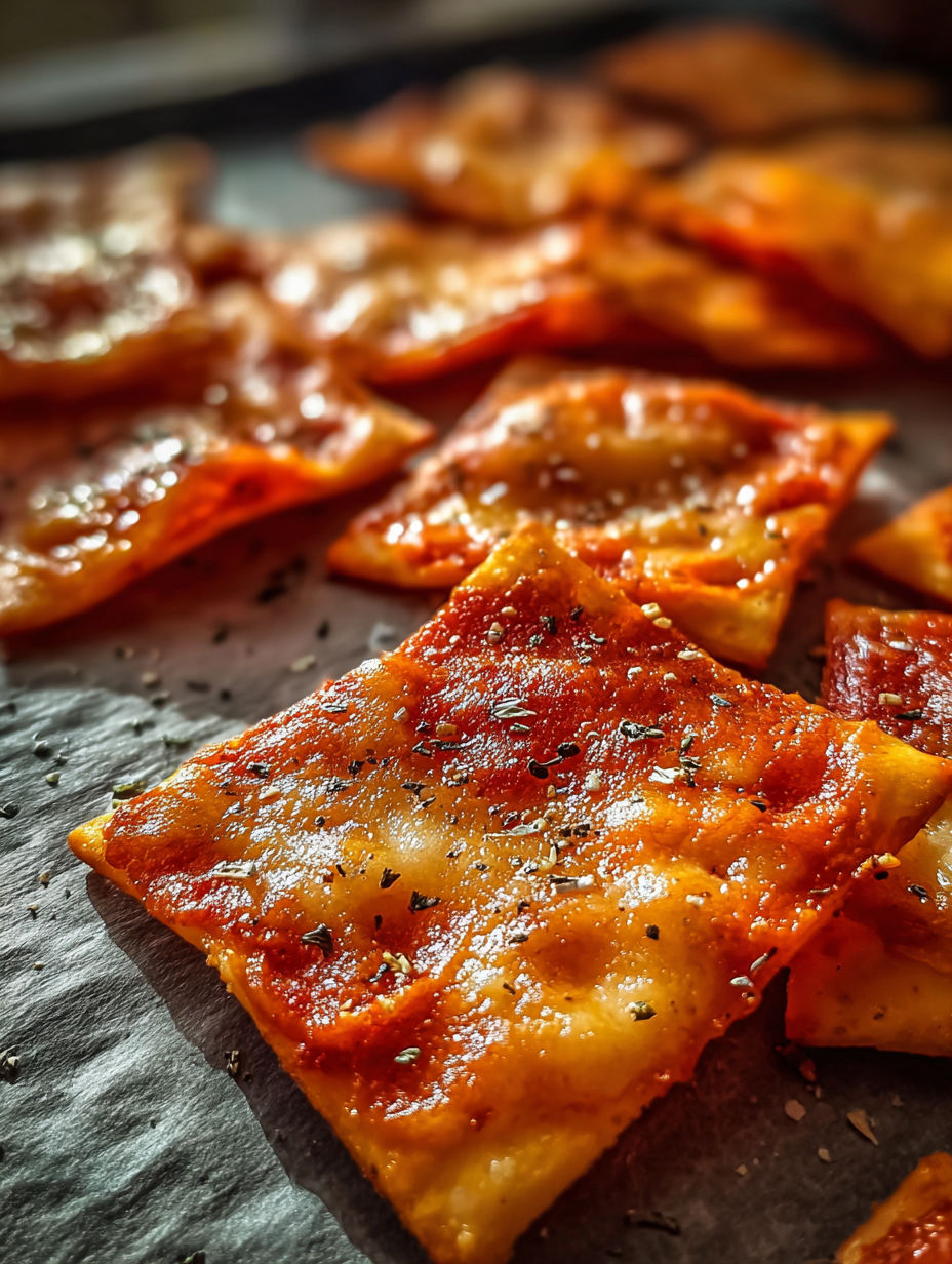 Crunchy pizza chips displayed on a table.