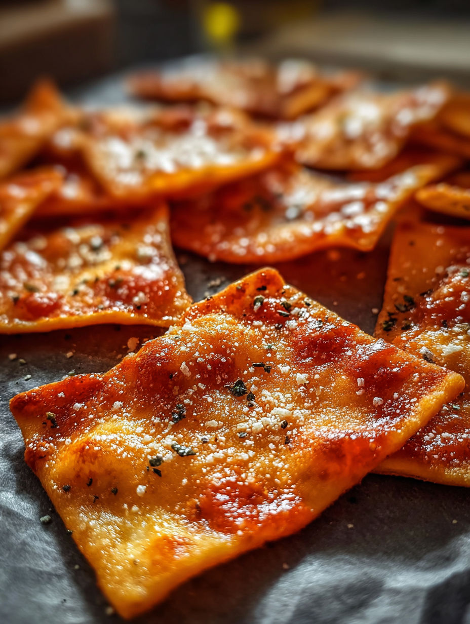 Crunchy pizza chips on display on a table.