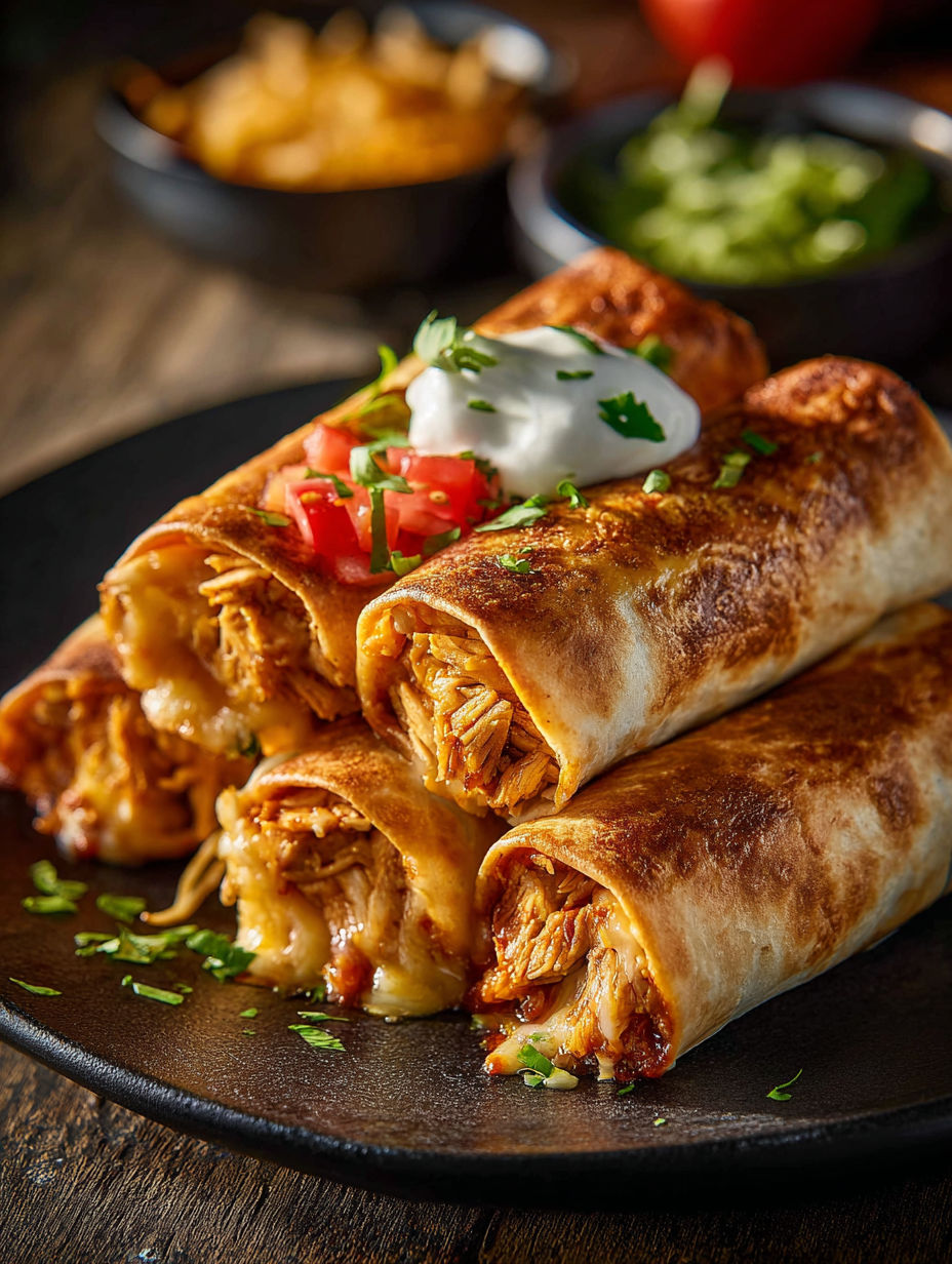 A plate of food with two chicken chimichangas.