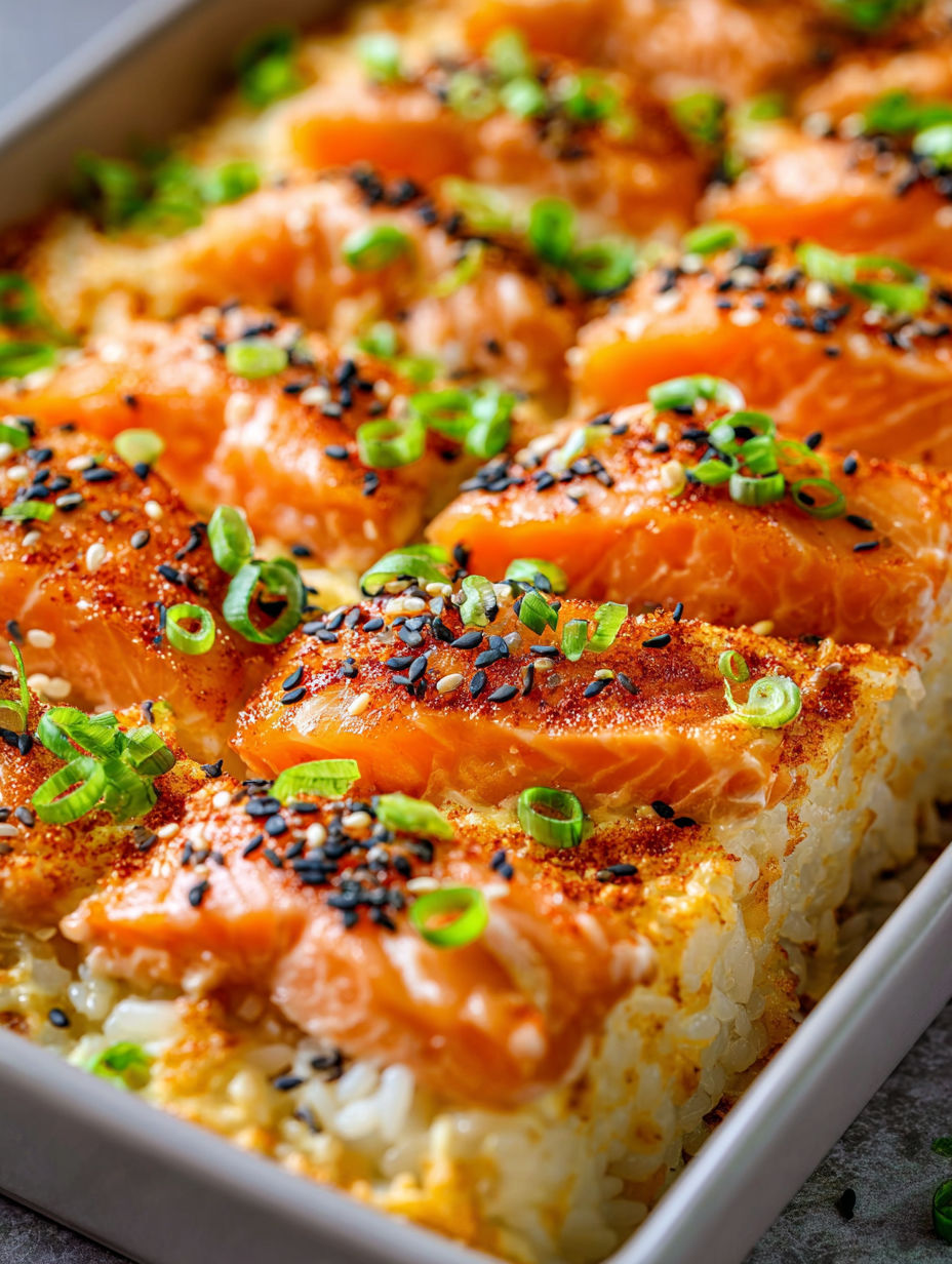 A plate showing salmon sushi bake with black sesame seeds sprinkled on top.